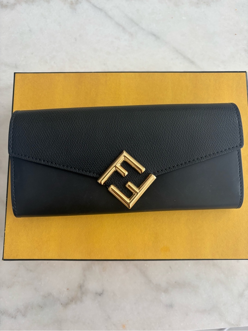 Fendi Black Leather Envelope Clutch with Gold FF Logo